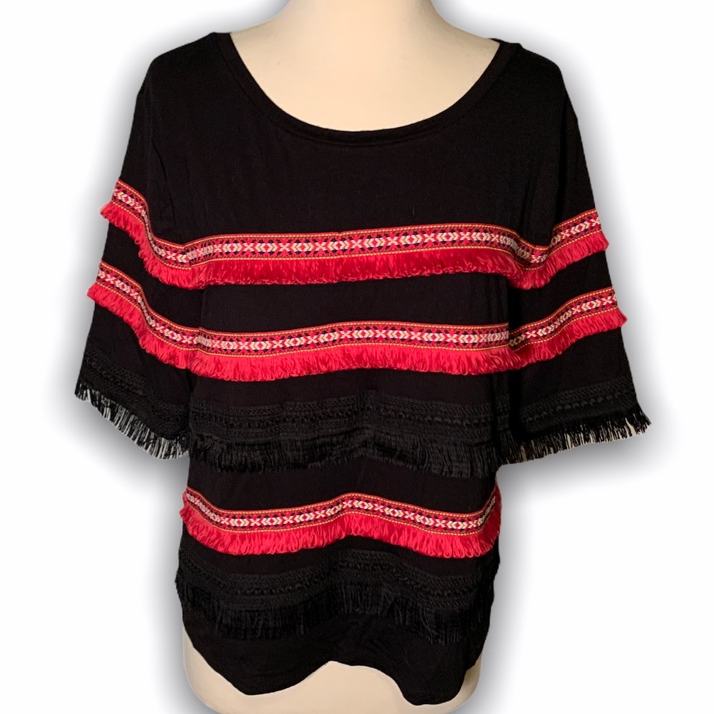 Grace Elements Black Mexican Lace Top with Red Fringe, XL
